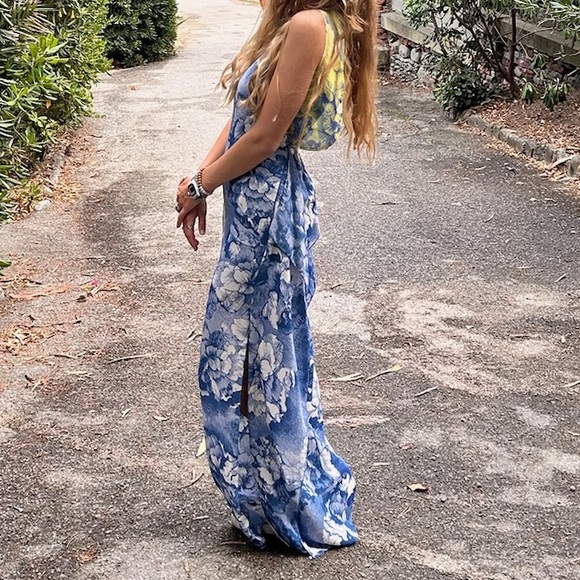 BCBGMax Floral Blue Yellow Maxi side slit open back dress size XXS - Picture 4 of 16
